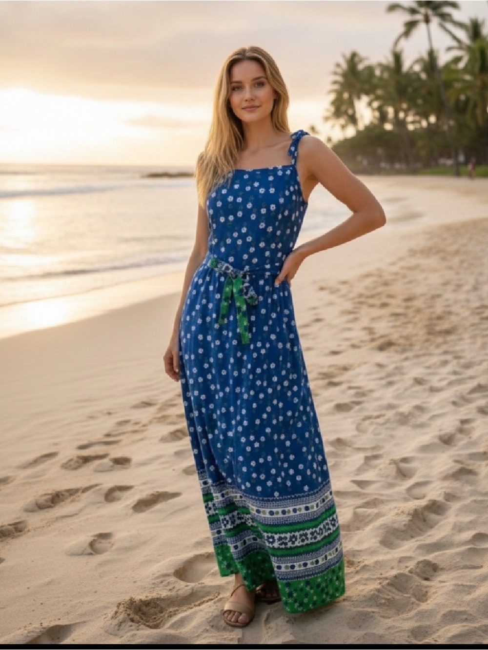Vintage Malia Honolulu Blue and White Floral Maxi Dress.